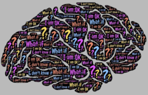 Drawing of a brain superimposed with the word why
